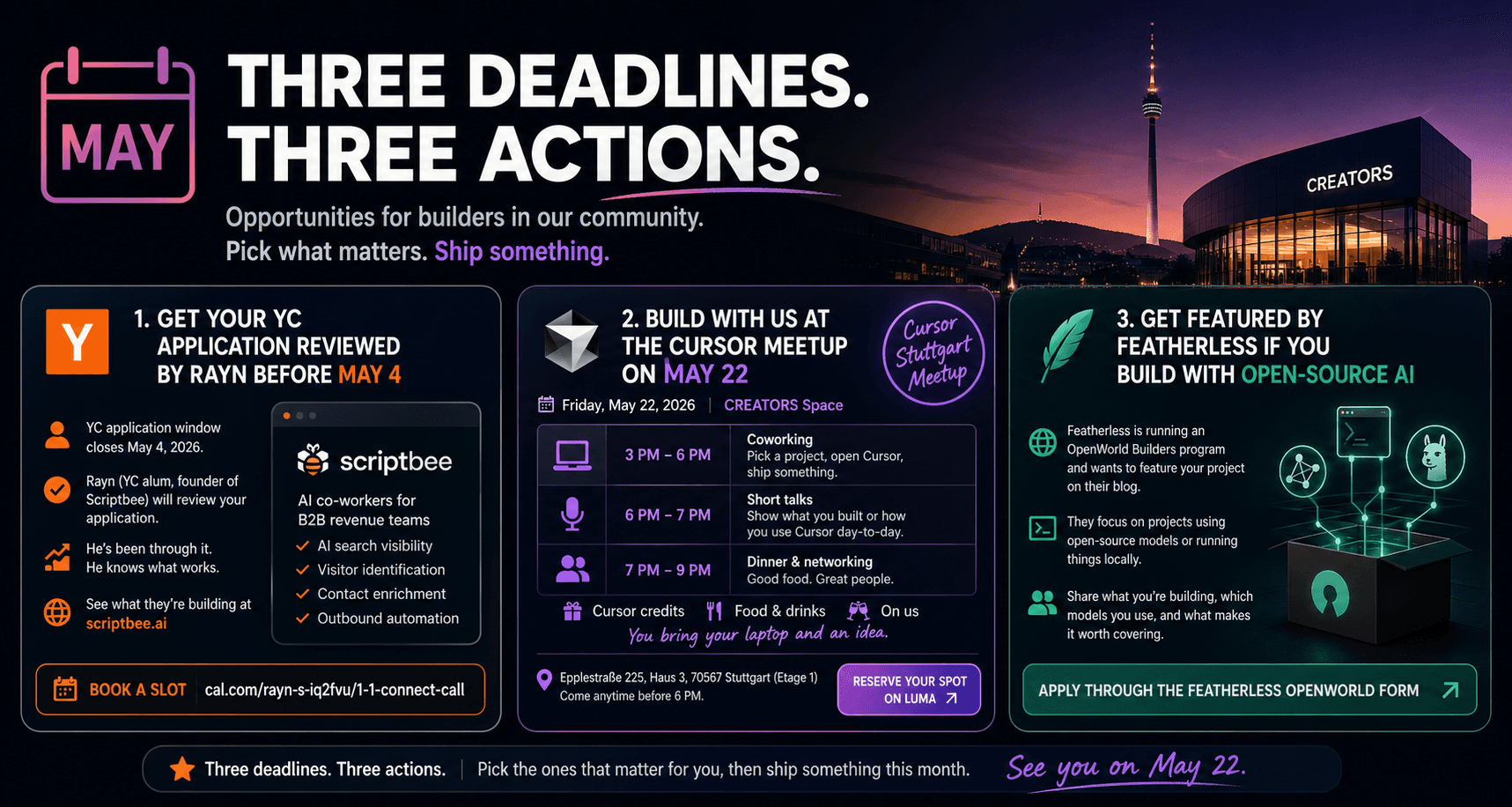 Drei Chancen für Builder im Mai: YC, Cursor, Featherless